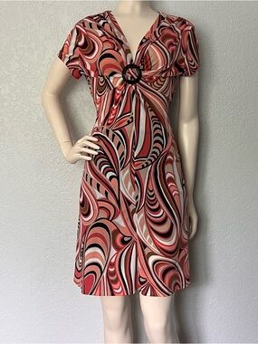 Retro Swirl Print Dress Petite Sz 6 Pink Brown Ring Knot Front Short Sleeve
